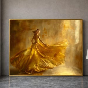 Lienzo con imagen de una mujer elegante con un vestido amarillo vaporoso, arte mural dinámico, decoración dorada para la noche, lienzo elegante para el hogar.