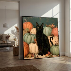 Lienzo con gato negro de Halloween y calabazas, arte de pared de cosecha otoñal, decoración de temporada de otoño, decoración espeluznante para el hogar de Halloween, listo para colgar.