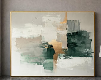 Arte de parede moderna em tela abstrata, pintura decorativa para casa em tons verdes e dourados, tela contemporânea em tons neutros, decoração de parede para sala de estar.
