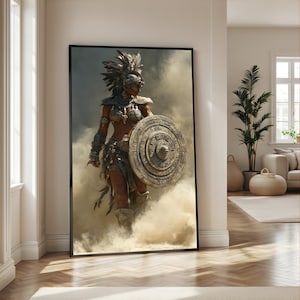 Tribal Warrior Woman Canvas, Aztec Shield Art, Feather Headdress Canvas, Ancient Warrior Decor, Powerful Female Art Print