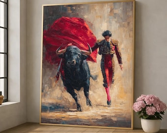Dynamic Bullfight Scene Canvas, Matador with Red Cape, Spanish Culture Wall Art, Action Canvas Painting, Bold Home Décor