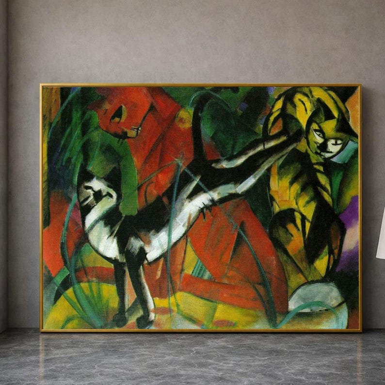 Abstract Three Cats Art Canvas, Franz Marc Animal Painting, Modern Cubism Wall Art, Colorful Cat Canvas Decor, Bold Artistic Home Decoration image 1