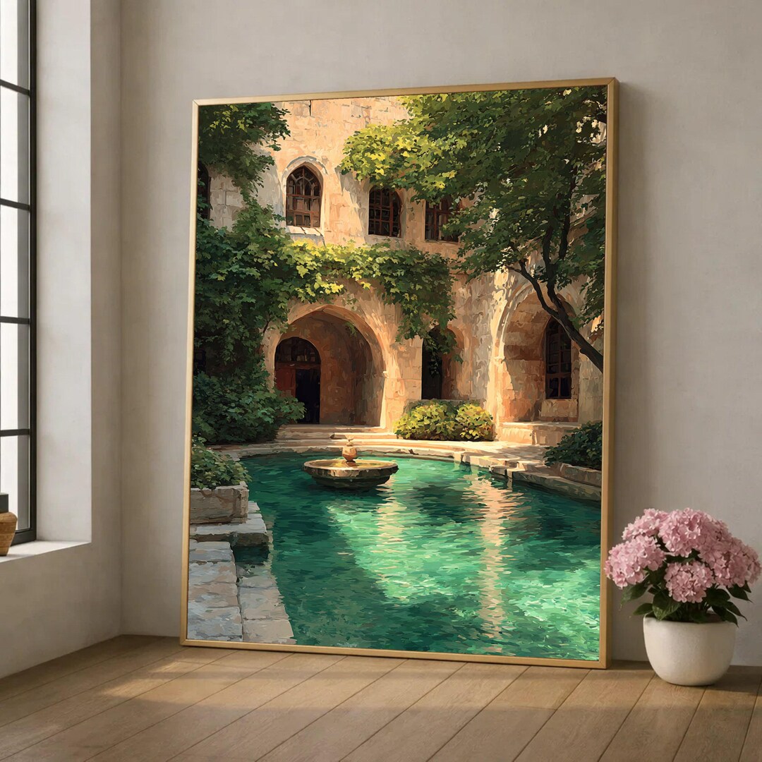 Tranquil Mediterranean Courtyard Canvas, Stone Archway and Fountain ...
