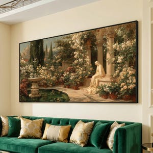 Romantische tuin met fontein, klassieke boog op canvas, bloementuin met rozen als muurdecoratie, sereen buitenlandschap op canvas, elegante woondecoratie