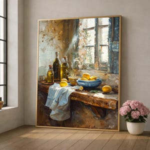 Rustic Kitchen Still Life Canvas, Lemon and Olive Oil Bottles, Vintage Window Light, Mediterranean Home Decor, Fruit and Herbs Artwork