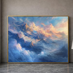 Majestic Mountain Peaks Canvas, Sunrise Sky Wall Art, Misty Mountains Landscape, Nature Canvas Decoration, Dramatic Cloudscape Print