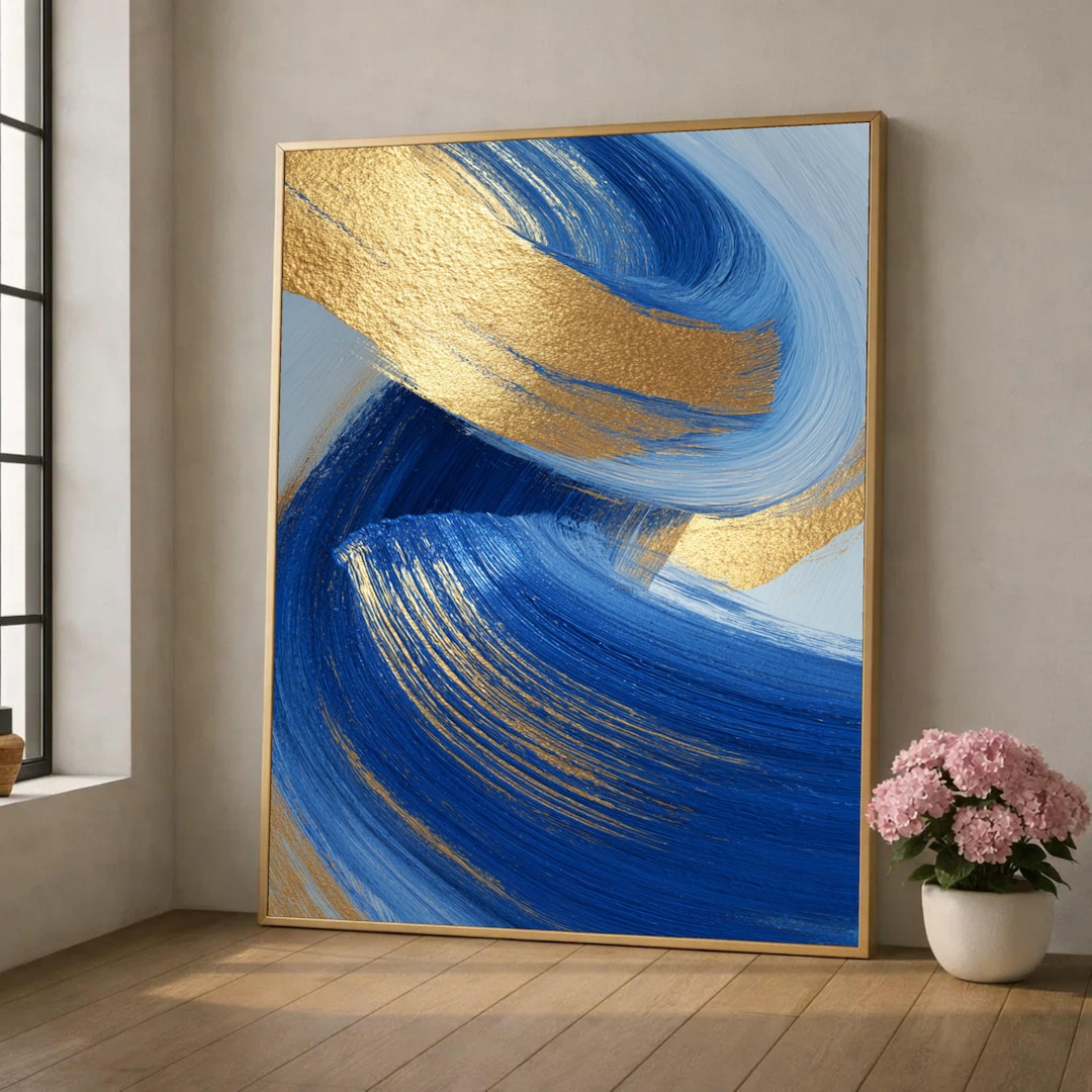 Modern Blue and Gold Abstract Canvas, Bold Brushstroke Wall Art, Luxury ...