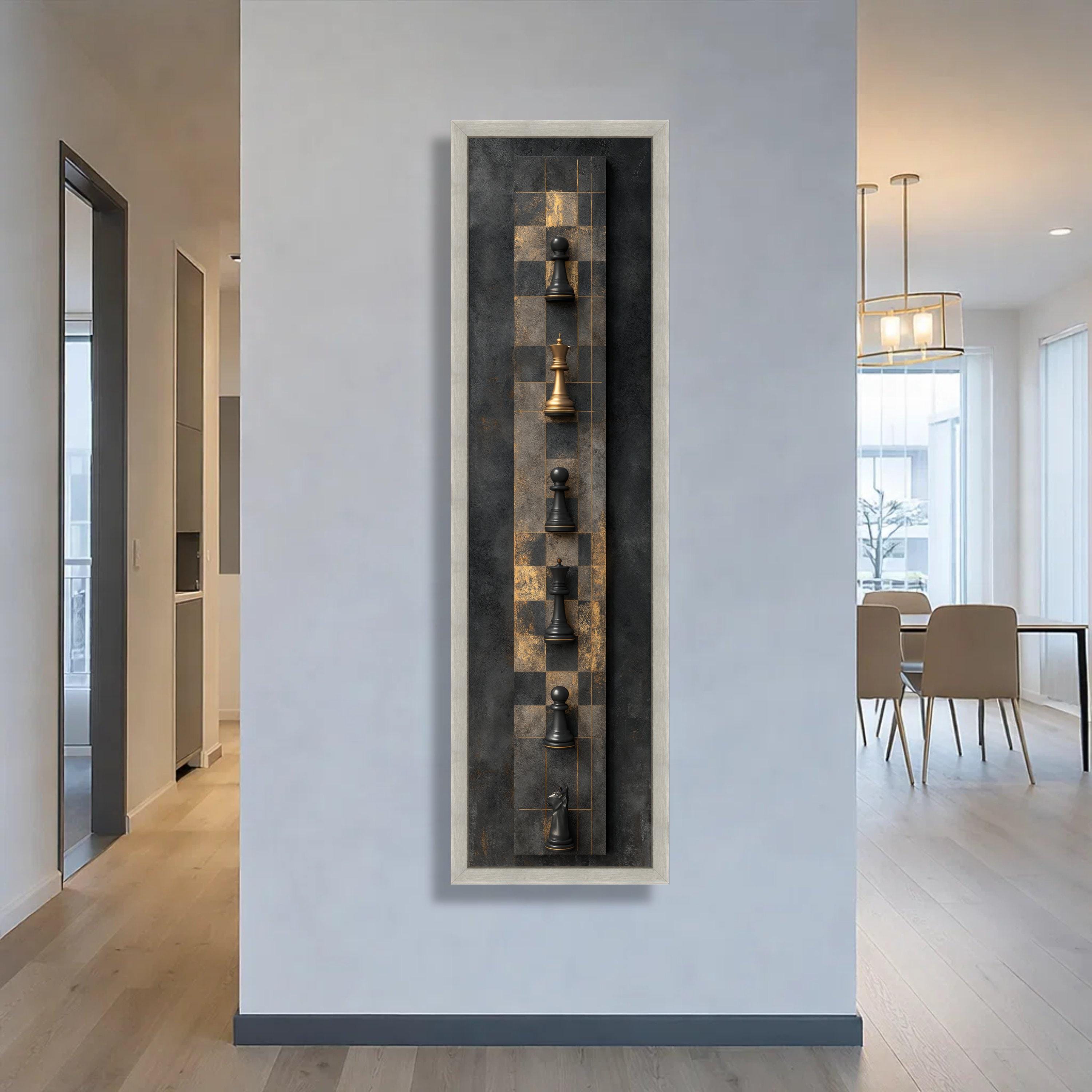 Modern Chess Pieces Canvas Wall Art, Black and Gold Chessboard Design ...