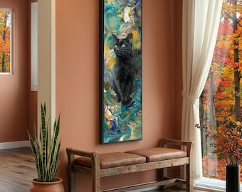 Cuadro decorativo de pared con diseño de gato negro místico, fondo abstracto con remolinos coloridos, decoración moderna para el hogar con motivos felinos, diseño vertical de animales en lienzo.