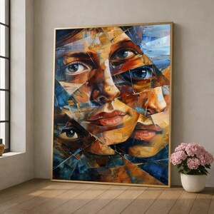 Fragmented Faces Abstract Canvas, Modern Portrait Wall Art, Mixed Media Style Canvas, Colorful Expression Art, Contemporary Home Decoration