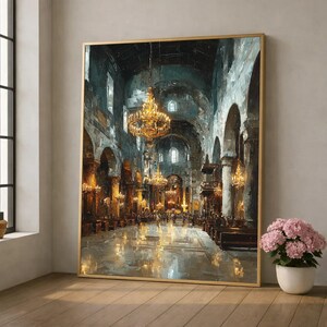 Grand Cathedral Interior Canvas Wall Art, Vintage Church Architecture Painting, Dramatic Lighting Canvas, Historic Religious Building Decor,