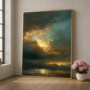 Dramatisk solnedgångshimmel på canvas, reflektion av gyllene moln, stämningsfull landskapsväggkonst, naturglödmålning, redo att hängas upp heminredning