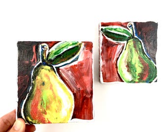 A Pair of Pears ~ 2 Small Mixed Media Paintings on Wood Block Shelf Sitters