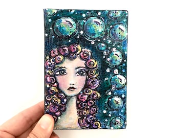 She Dreams of the Ocean ~ Acrylic Painting Original Art on Wood Block Shelf Sitter