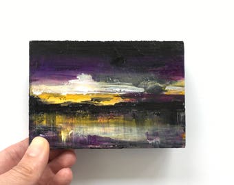 Sunset Landscape ~ Acrylic Painting Original Art on Wood Block Shelf Sitter