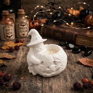 Halloween Ghost Pumpkin Decor, Soy Wax Candle Holder, Small Planter, DIY Paint Kit for Kids, Spooky Fall Home Decor, Gypsum Ceramic Pot