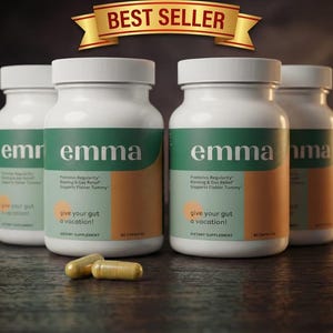 Pode incluir: Quatro frascos brancos de suplementos com rótulos verdes e laranja, cada um com o nome "emma". Duas cápsulas estão em frente aos frascos. O texto "BEST SELLER" é exibido acima.