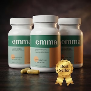 Pode incluir: Três frascos brancos de suplementos com rótulos verdes e laranja, cada um com a inscrição "emma". Os rótulos dizem "Promove a regularidade, alivia o inchaço e gases, apoia uma barriga mais lisa". O texto "dê férias ao seu intestino!" também é visível. Existe um selo dourado "Best Seller".