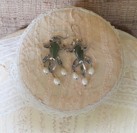 Jade and Pearl Silver Earrings Handmade Artsy Art… - image 5