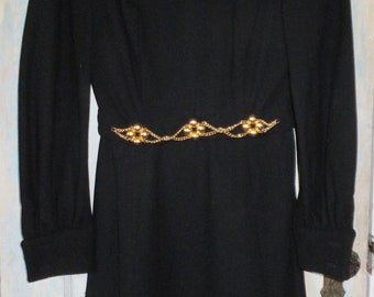 1960's Lanz Black Wool Dress with attached Gold Decorated Belt, 1960's Mini Dress