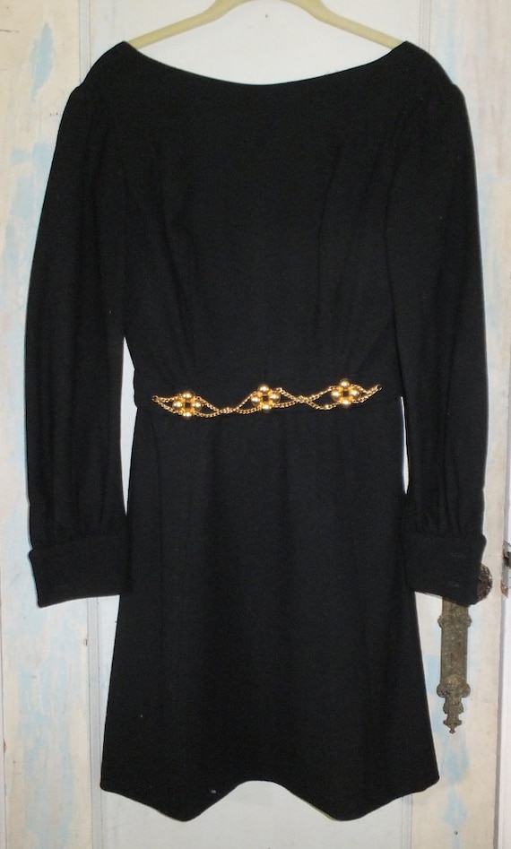 1960's Lanz Black Wool Dress with attached Gold De