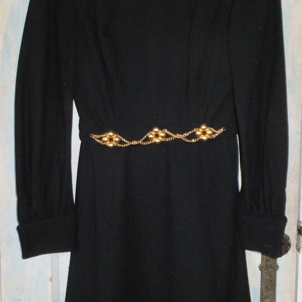 1960's Lanz Black Wool Dress with attached Gold Decorated Belt, 1960's Mini Dress