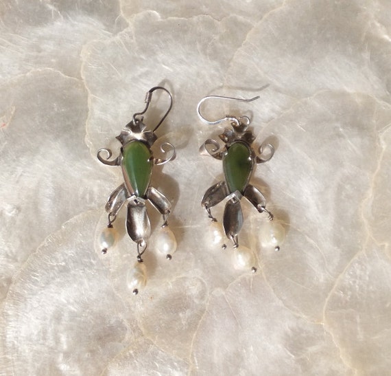 Jade and Pearl Silver Earrings Handmade Artsy Art… - image 2