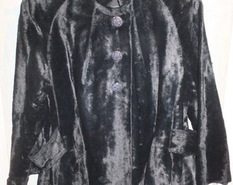 1950-60's Vintage Black Faux Fur Jacket, Textured Velvet Jacket, Mod Jacket