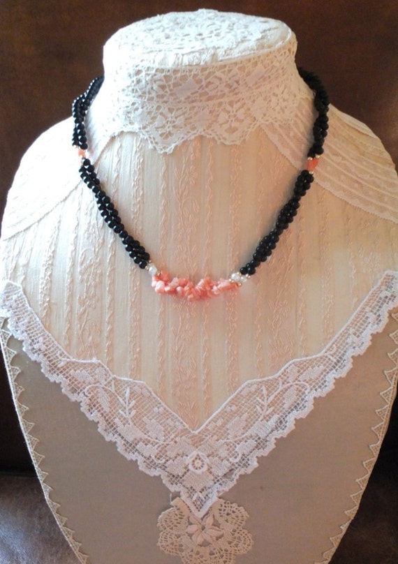 Coral and Black Beaded Necklace