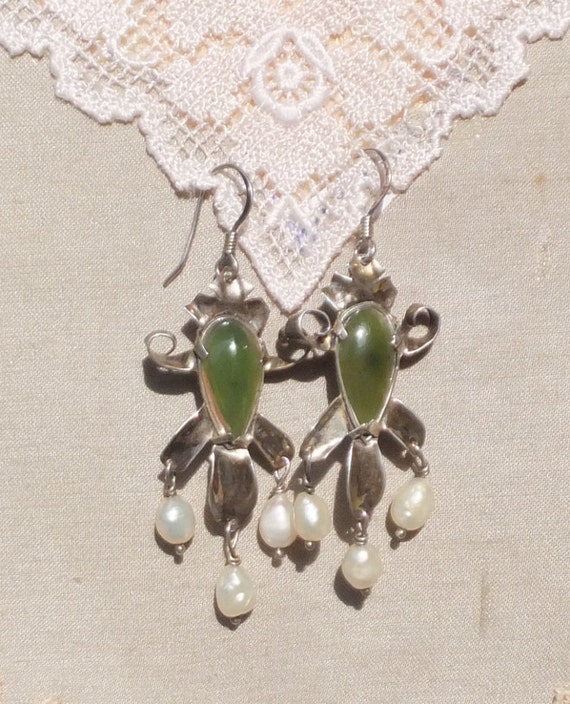 Jade and Pearl Silver Earrings Handmade Artsy Art… - image 4