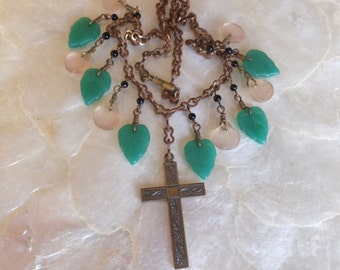 Reclaimed Necklace with Vintage Cross, Glass Leaves, Vintage Chain