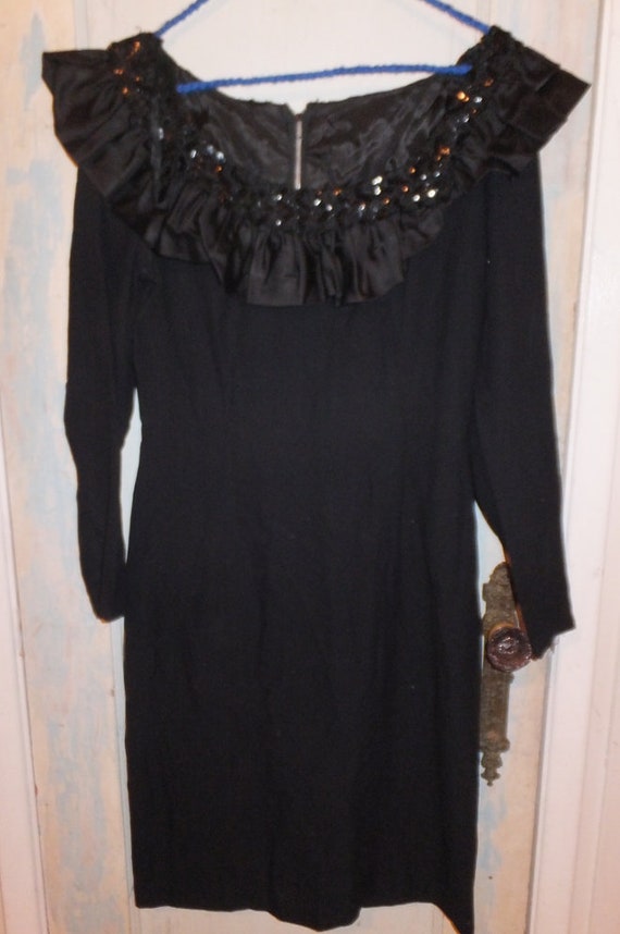 1960's Black Crepe Dress Sequins, Satin