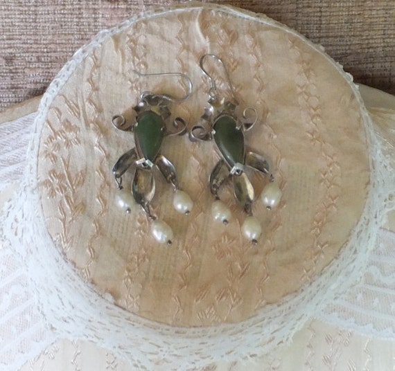 Jade and Pearl Silver Earrings Handmade Artsy Art… - image 3