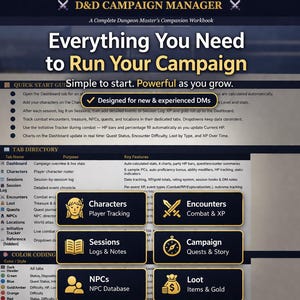 Könnte beinhalten: Ein D&D Campaign Manager Arbeitsbuch mit dunklem Hintergrund und goldenem Text. Auf dem Cover steht „Everything You Need to Run Your Campaign“. Zu den Abschnitten gehören Charaktere, Sitzungen, Begegnungen, Beute, Quests und NPCs. Das Arbeitsbuch ist für neue und erfahrene DMs konzipiert.
