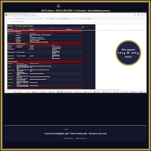 May include: A digital document titled "DRUID - PLAYER CHEAT SHEET" with a dark blue and gold color scheme. The document includes tables and text, with the text "Now supports 2014 & 2024 rules!" in a gold circle. The document is for D&D.