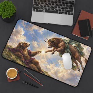Puede incluir: Una alfombrilla de escritorio rectangular con una ilustración impresa de un oso pardo y un toro marrón extendiendo sus extremidades el uno hacia el otro bajo un cielo nublado con un sol brillante. El oso lleva una corona de laurel dorada y una tela púrpura, mientras que el toro lleva una corona de laurel dorada y una tela verde. La alfombrilla tiene bordes negros.