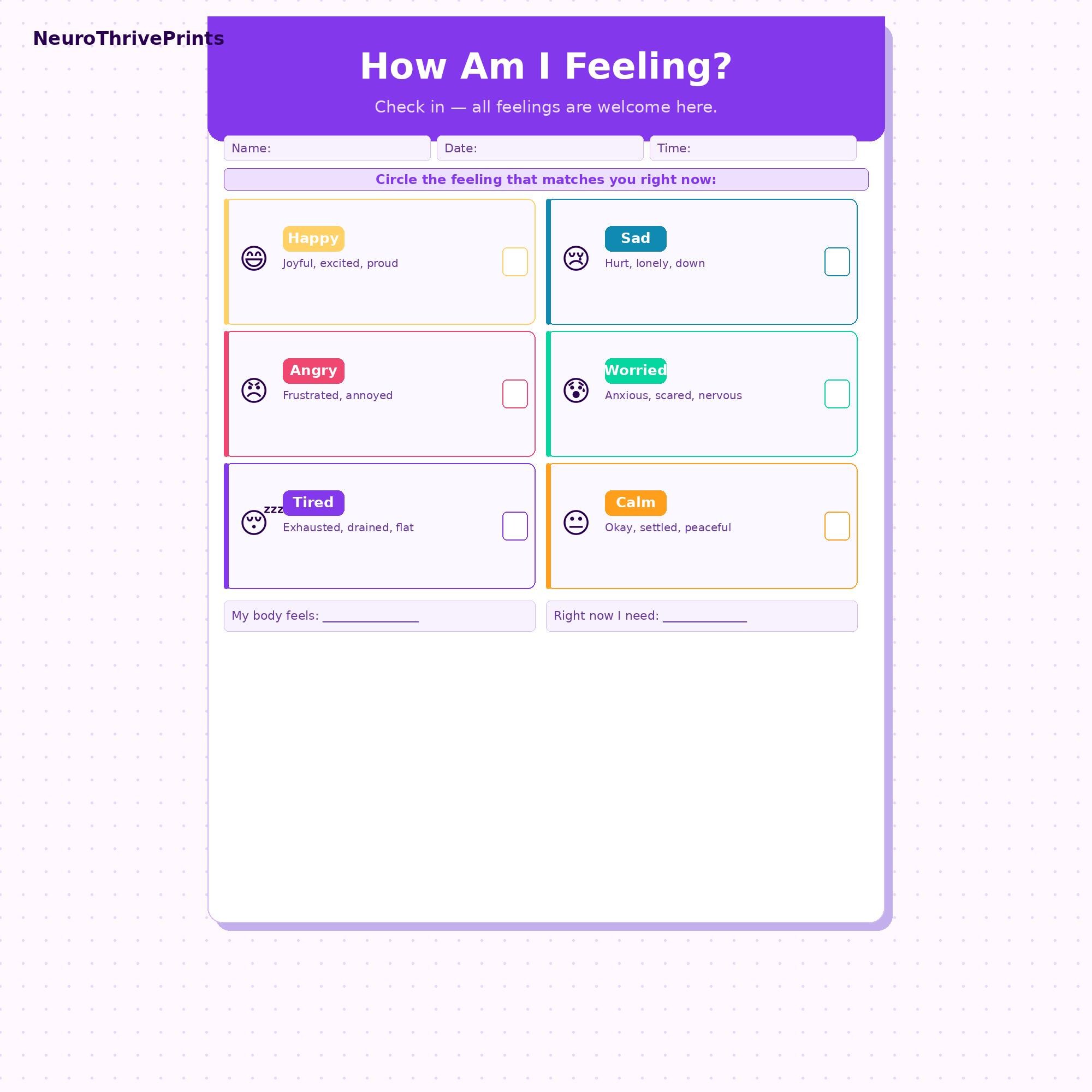 ADHD Autism Feelings Check-in Sheet – Emotion Regulation Printable for ...
