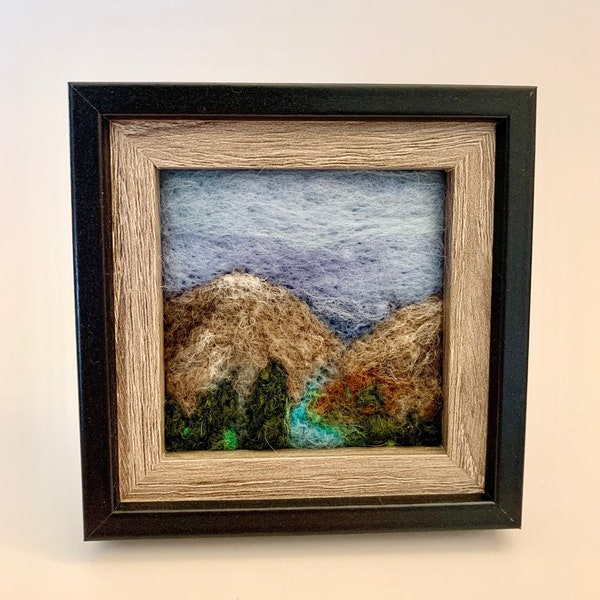 Mini wool painting- 2.5x2.5” needle felted fiber art in a 4x4” frame, mountain escape