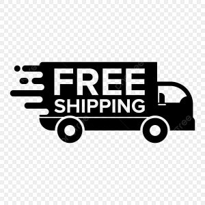 May include: A black graphic icon of a delivery truck facing right, featuring horizontal motion lines on the left side. The text FREE SHIPPING is printed in bold white capital letters across the side of the truck body on a solid black background.