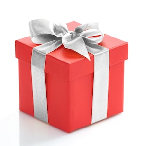 May include: A square red gift box with a smooth matte finish, wrapped with a wide, shimmering silver ribbon tied into a large, structured bow on the top lid. The ribbon extends vertically and horizontally around the box, creating a classic presentation.