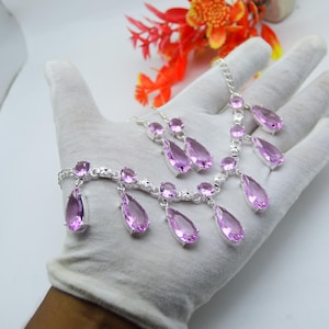 Handmade Pink Kunzite Jewelry Set | Sterling Silver Necklace Earrings | Pear Cut Gemstone Wedding