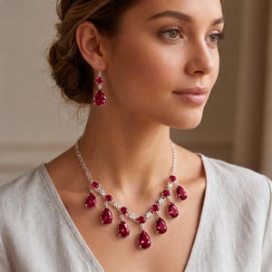 May include: A silver-toned necklace and matching drop earring set featuring faceted, pear-shaped deep red stones. The necklace consists of a delicate chain with multiple dangling red teardrop pendants and small round red accents set in silver metal.