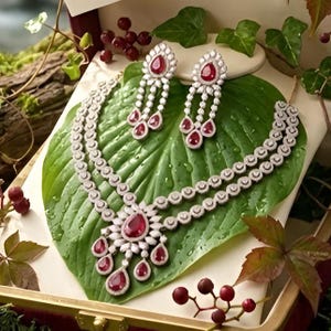 Pink Ruby/ Uncut Diamond Gemstone Necklace & Earrings, Bridal Jewelry Set Gift For Love"