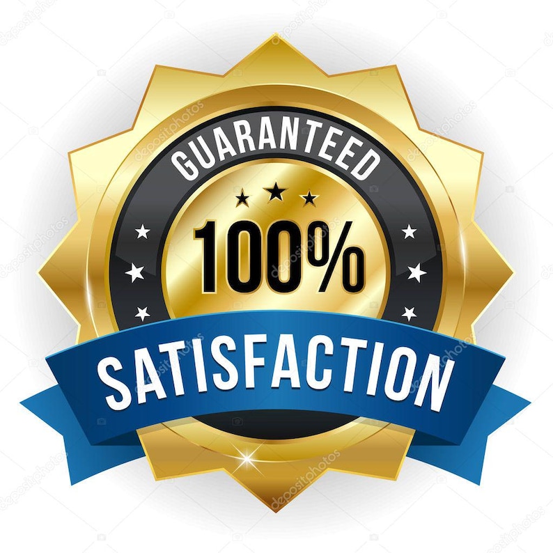 May include: A gold star-shaped badge with a black circular border featuring the text GUARANTEED and 100% in black. A blue ribbon banner across the center displays the white text SATISFACTION. The design includes small white stars.