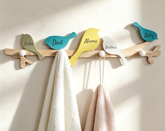 Personalized Bird Wall Hook Rack, Wooden Entryway Key Holder, Custom Family Name Coat Hook, Rustic Bird Wall Decor, Farmhouse Organizer