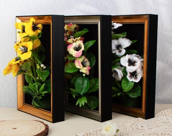 Personalized Artificial Pansy Flower Frame Wall Decor, 3D Floral Shadow Box Art, Wooden Framed Faux Flower Arrangement, Custom Engraved Gift