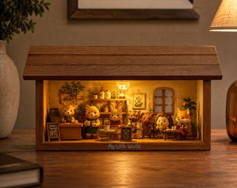Wood House Style Display Frame Storage Box with Roof Hanging & Standing Figurine Display Case Custom Engraved Collectible Box Gift