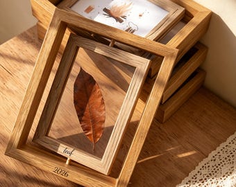 Rotating Double Sided Photo Frame Wooden Acrylic Display Frame Custom Engraved Personalized Memory Frame for Photos Leaves Keepsake Gift