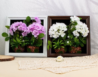 Personalized Framed Artificial Flower Wall Art, Wooden Shadow Box Floral Decor, Custom Engraved Frame Gift, Wedding Home Wall Hanging