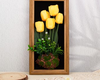 Personalized 3D Artificial Tulip Shadow Box Frame, Horizontal Wooden Flower Wall Decor, Custom Engraved Tulip Bouquet Frame Anniversary Gift